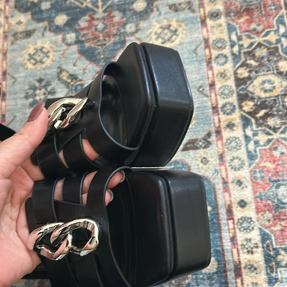 Zara Black Silver Chain Detail Chunky High Heel Platform Sandals Size 40 (US 9)